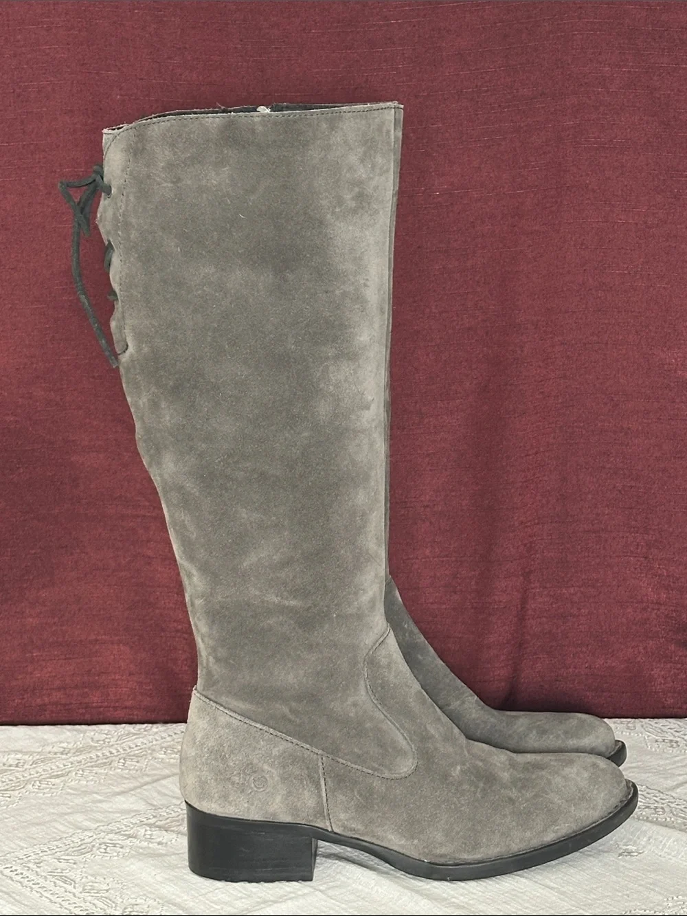 💗✨Born Felicia Gray Suede Leather Knee High Boots 7M Lace Back Boho🍁🍃